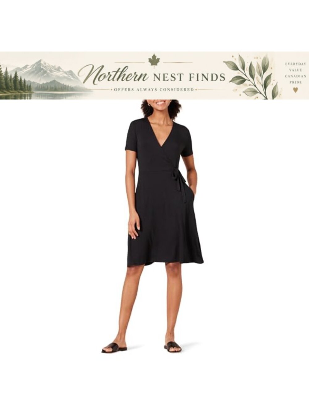 Cap-Sleeve Faux-Wrap Dress Rayon Stretch Jersey Flared Knee-Length